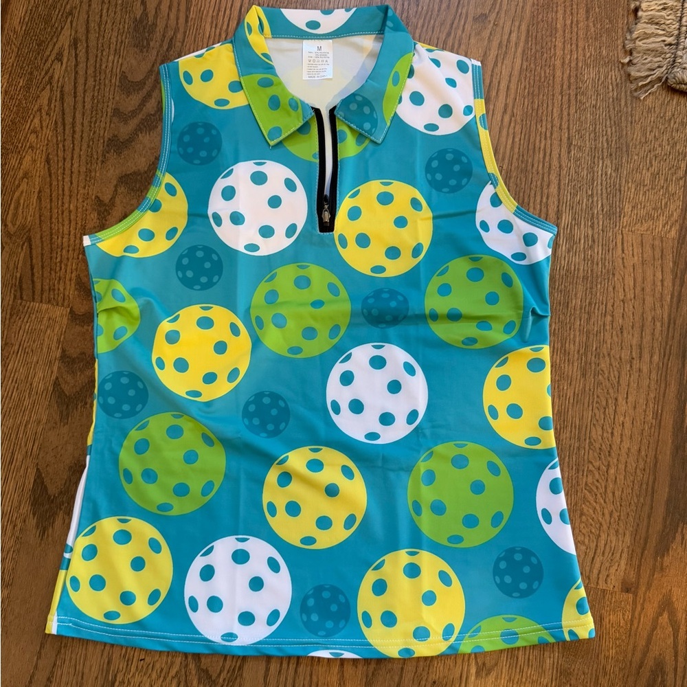 Polka Dot Sleeveless Polo Shirt zipper and pickleball pattern women medium
